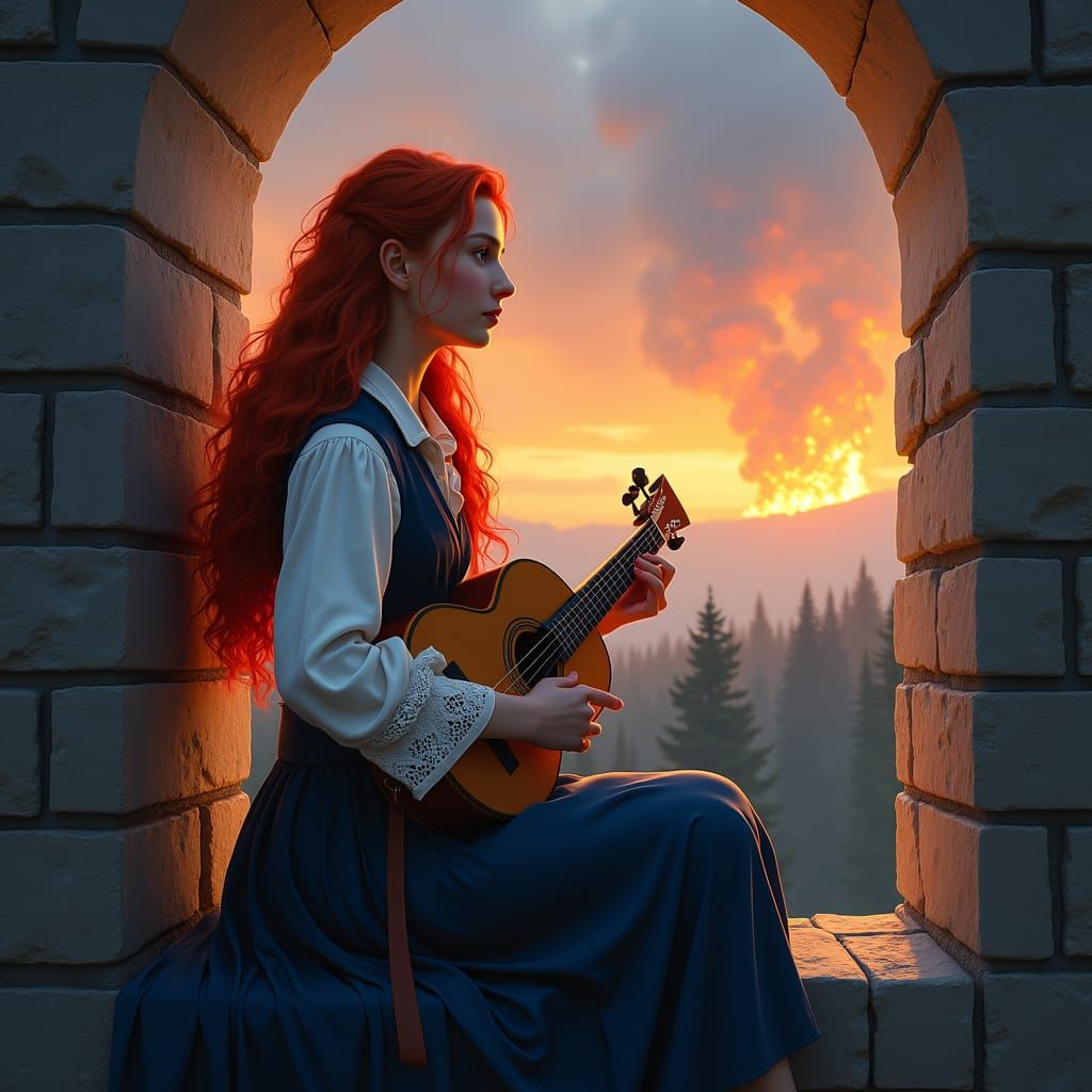 Melancholy Lute Player Amidst Burning Forest