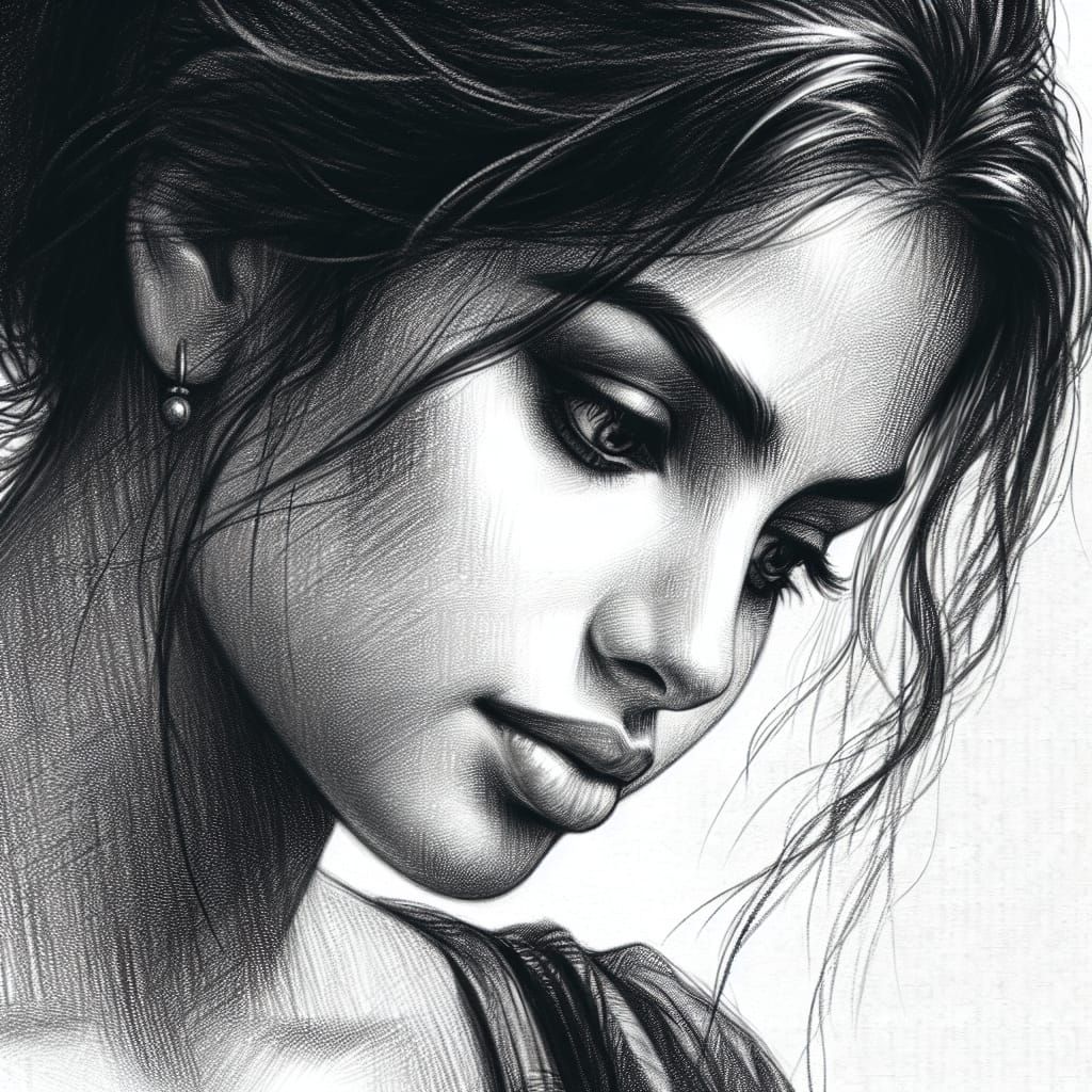 Detailed Charcoal Portrait of a Contemplative Woman