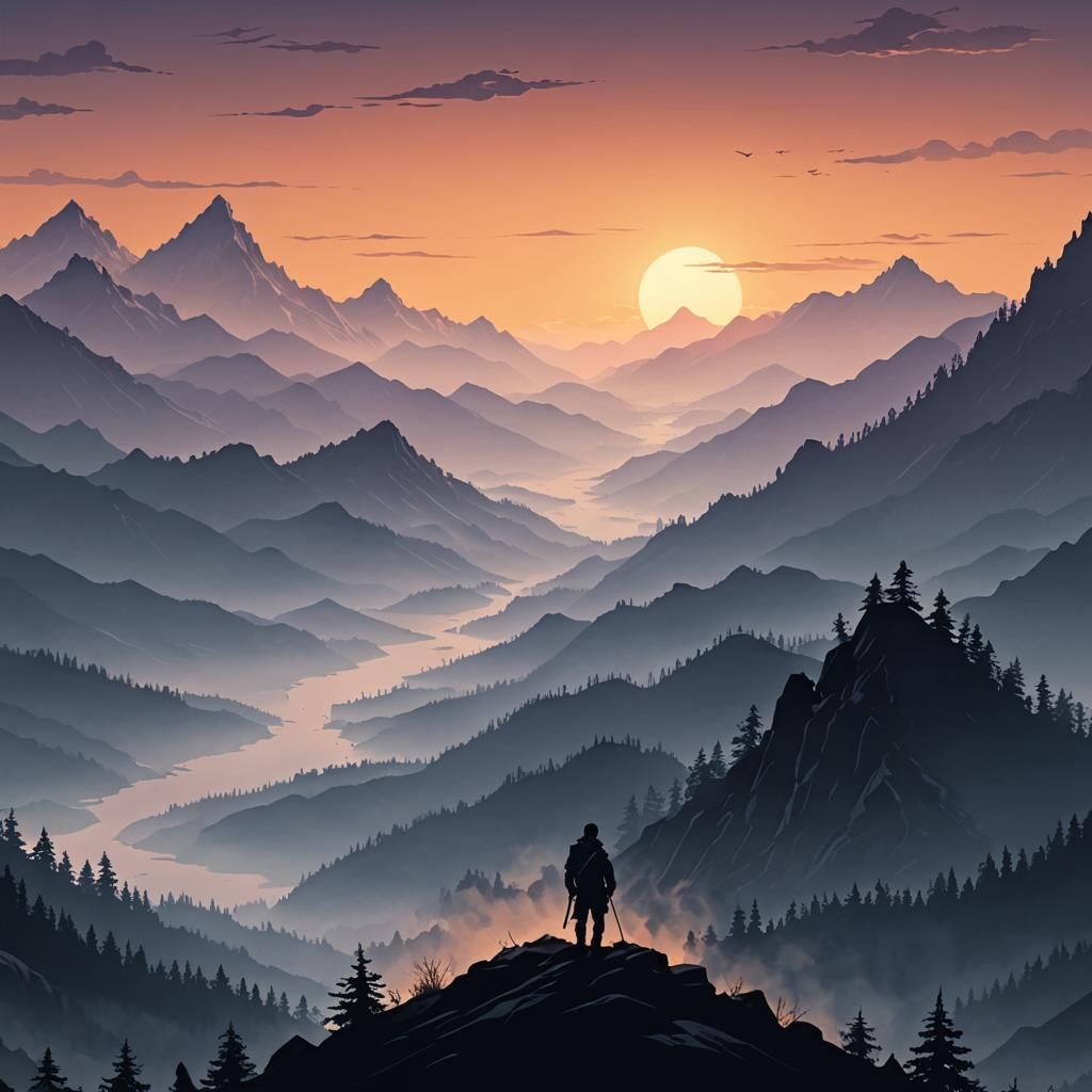 Silhouette Mountains Landscape at Sunset in Vector Style