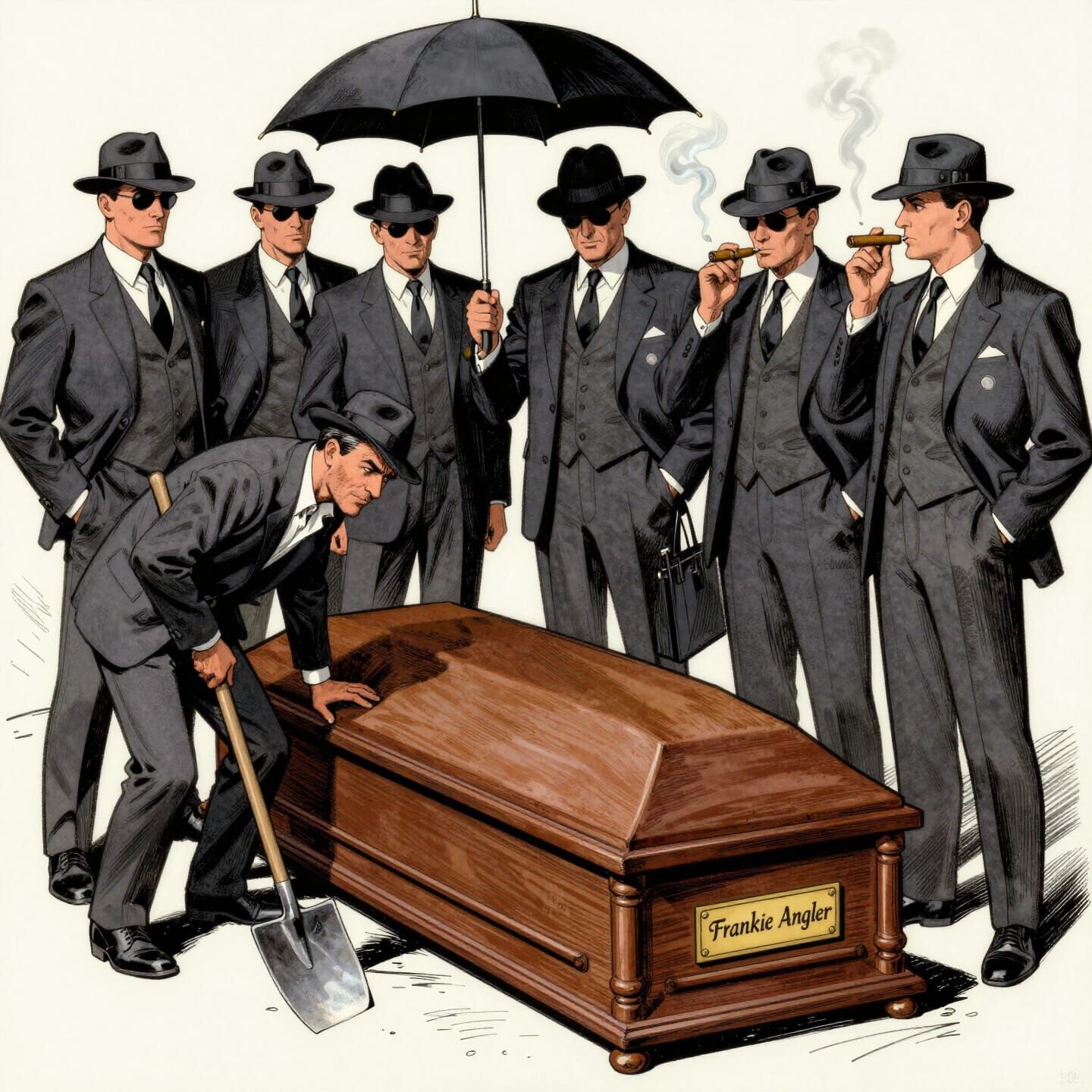 1930s Comic Style Mafia Gathering Around Coffin