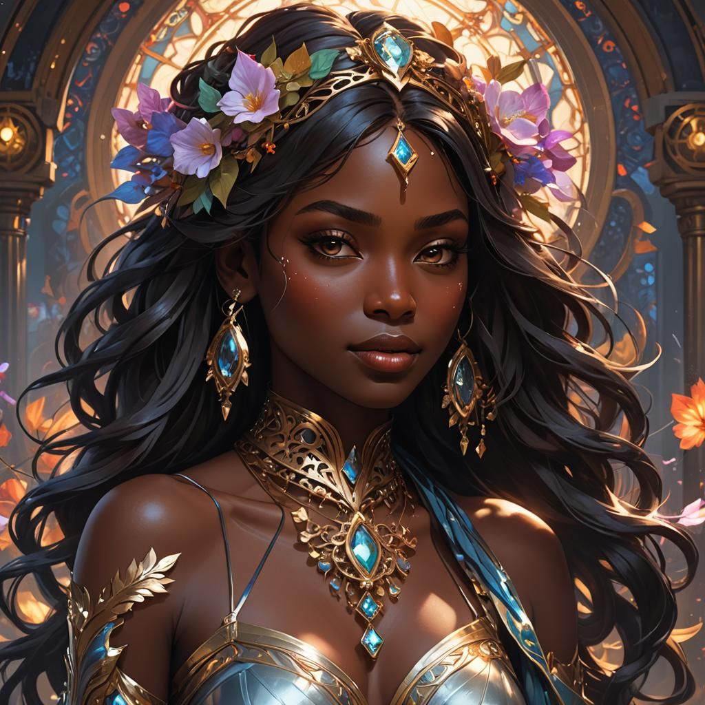 Divine Dark-Skinned Girl Portrait in Hyperdetailed Style