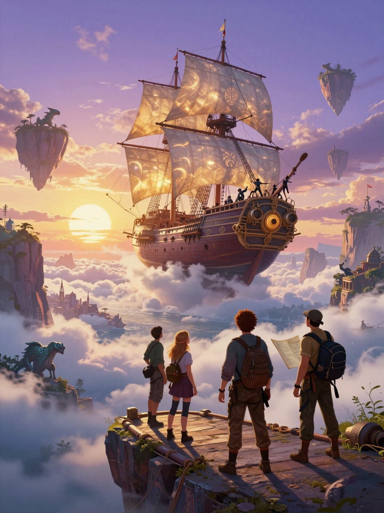Adventurers Launch Skyship at Sunrise Over Cloud Sea
