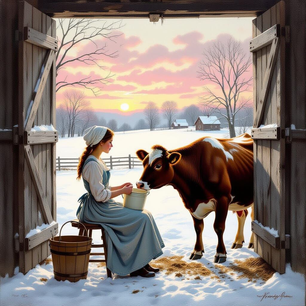 1776 Colonial Milkmaid Milking Cow at Sunrise