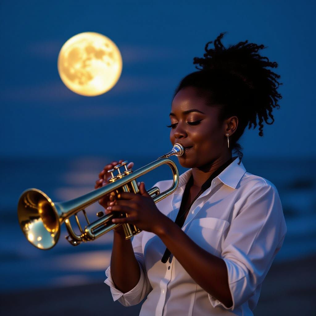 Black Woman Plays Jazz Cornet on Moonlit Beach