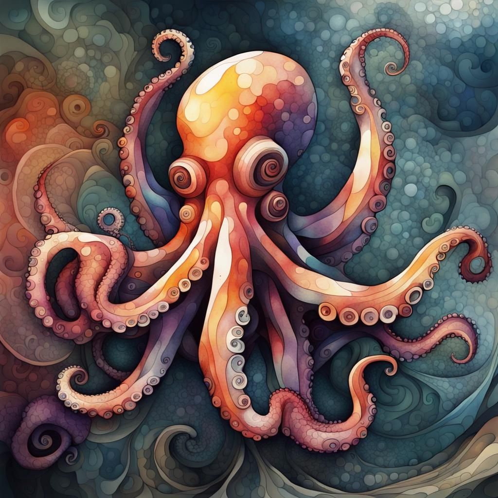 Watercolor Graffiti Octopus with Abstract Elements