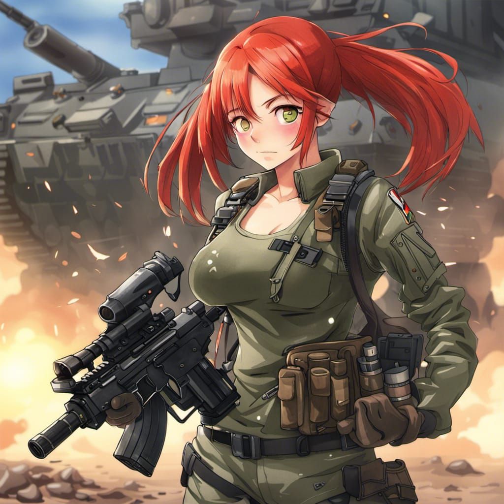 Anime Girl with Machine Gun and Tank