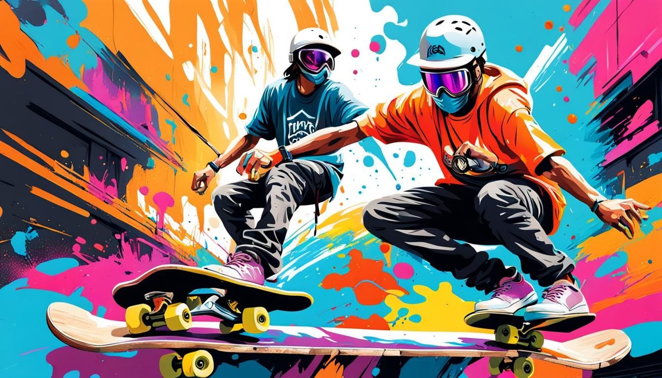 Skateboarder Jumps Ramp in Graffiti Splash Art Style