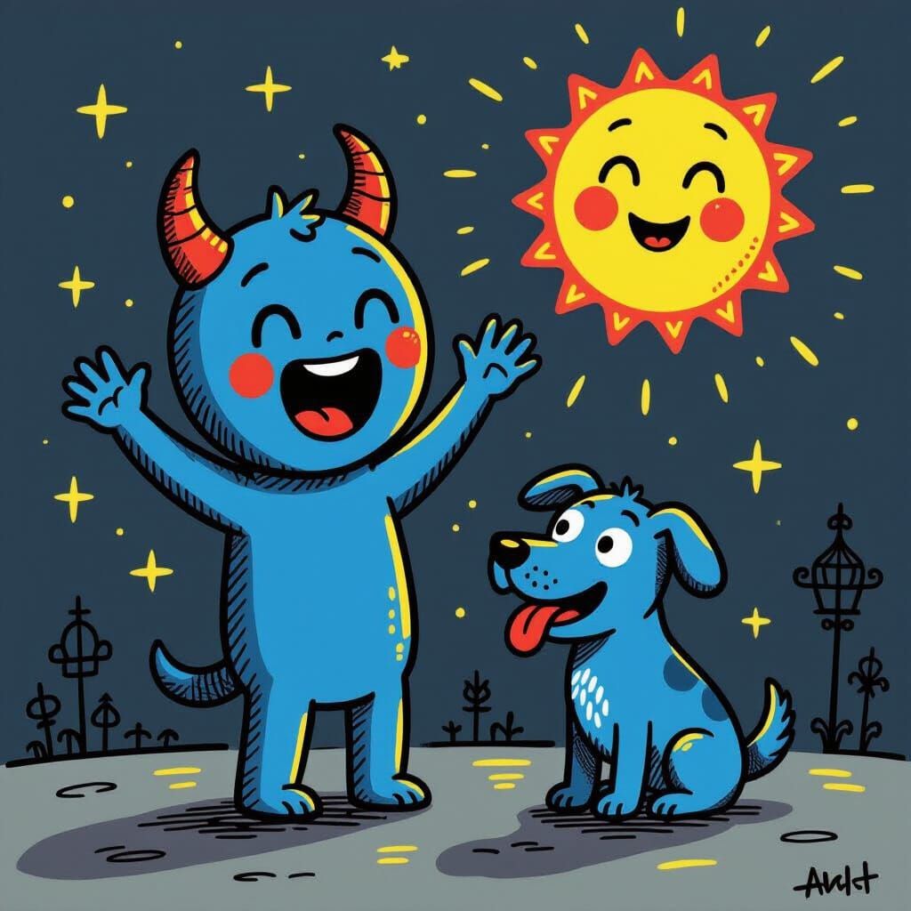 Joyful Blue Figure and Dog Beside Smiling Sun in Pop Art Sty...