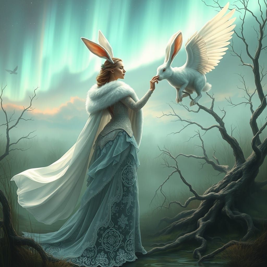 Ethereal Highlander Warrior Goddess Amidst Whimsical Aurora....