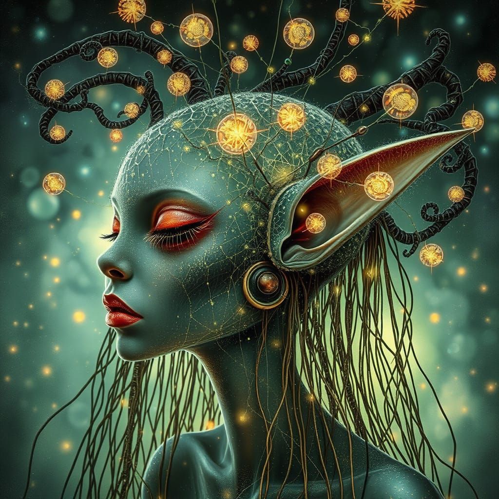 Ethereal Alien Goddess in Whimsical Postmodern Landscape