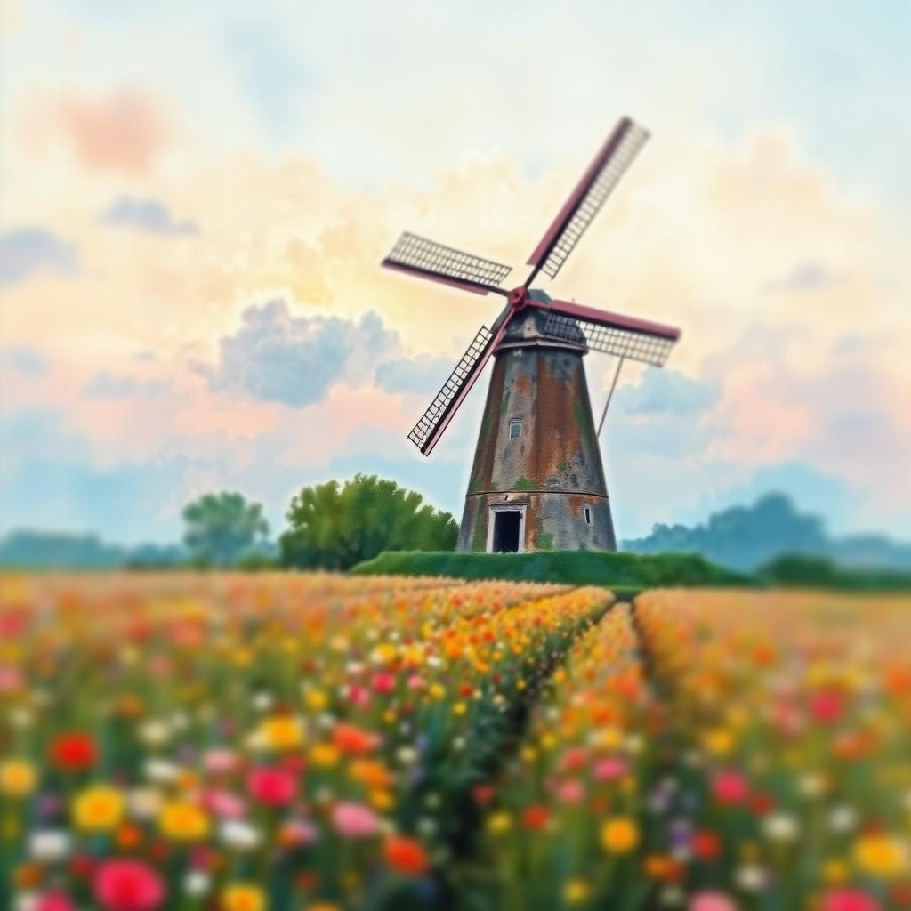 Windmill in Flower Field: Watercolor Ink Painting