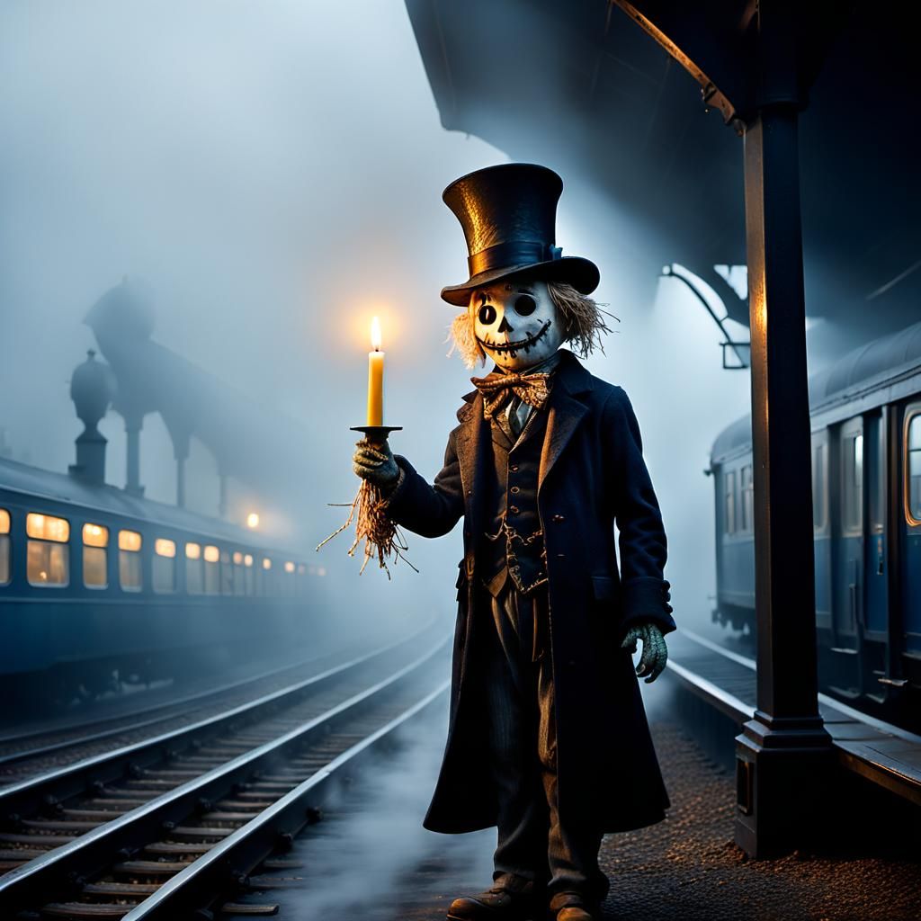 Surreal Scarecrow on Foggy Platform in Vaporwave Style