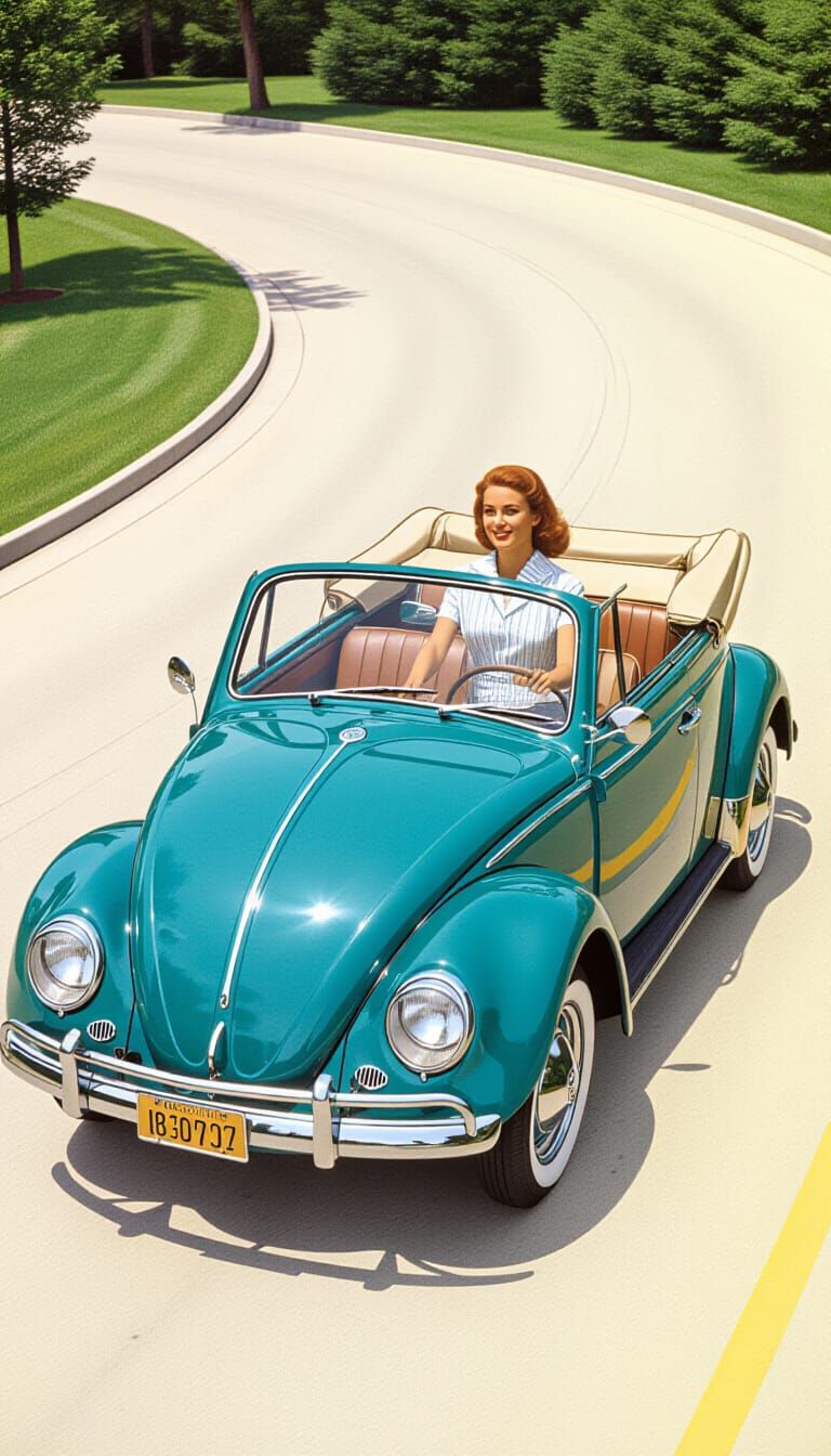 1960s Volkswagen Beetle with Elegant Woman Driver