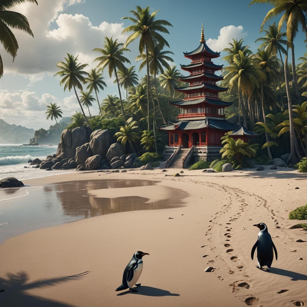 Penguin's Tropical Beach Walk: Fantasy Concept Art
