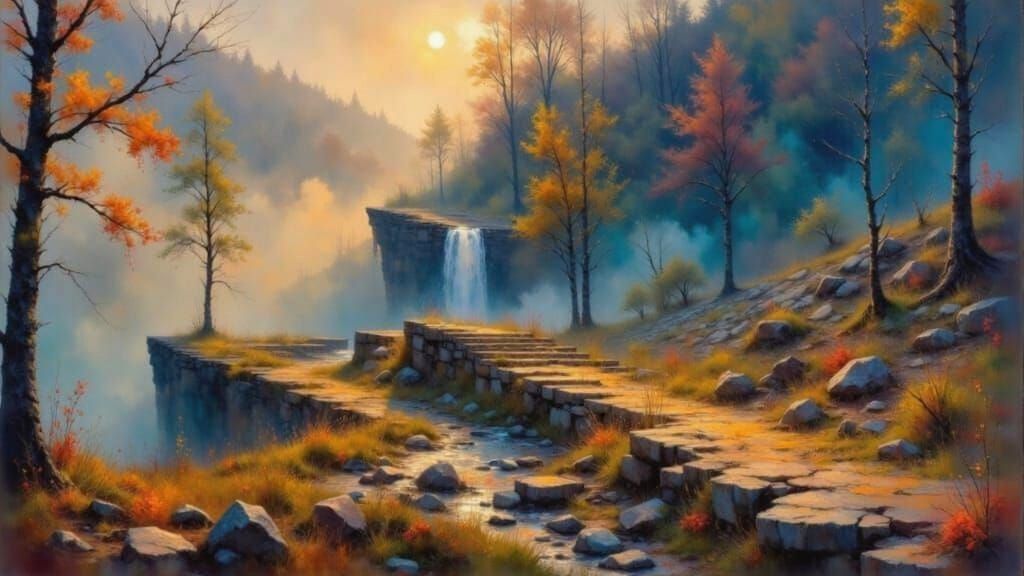 Vivid Autumn Mist Forest Path to Waterfall