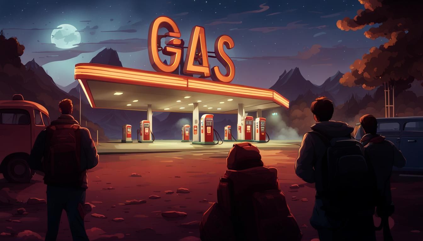 Stylized 2D Gas Station at Night Concept Art