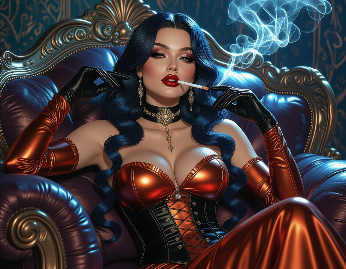 Cyberpunk Woman in Gown with Ornate Art Nouveau Details