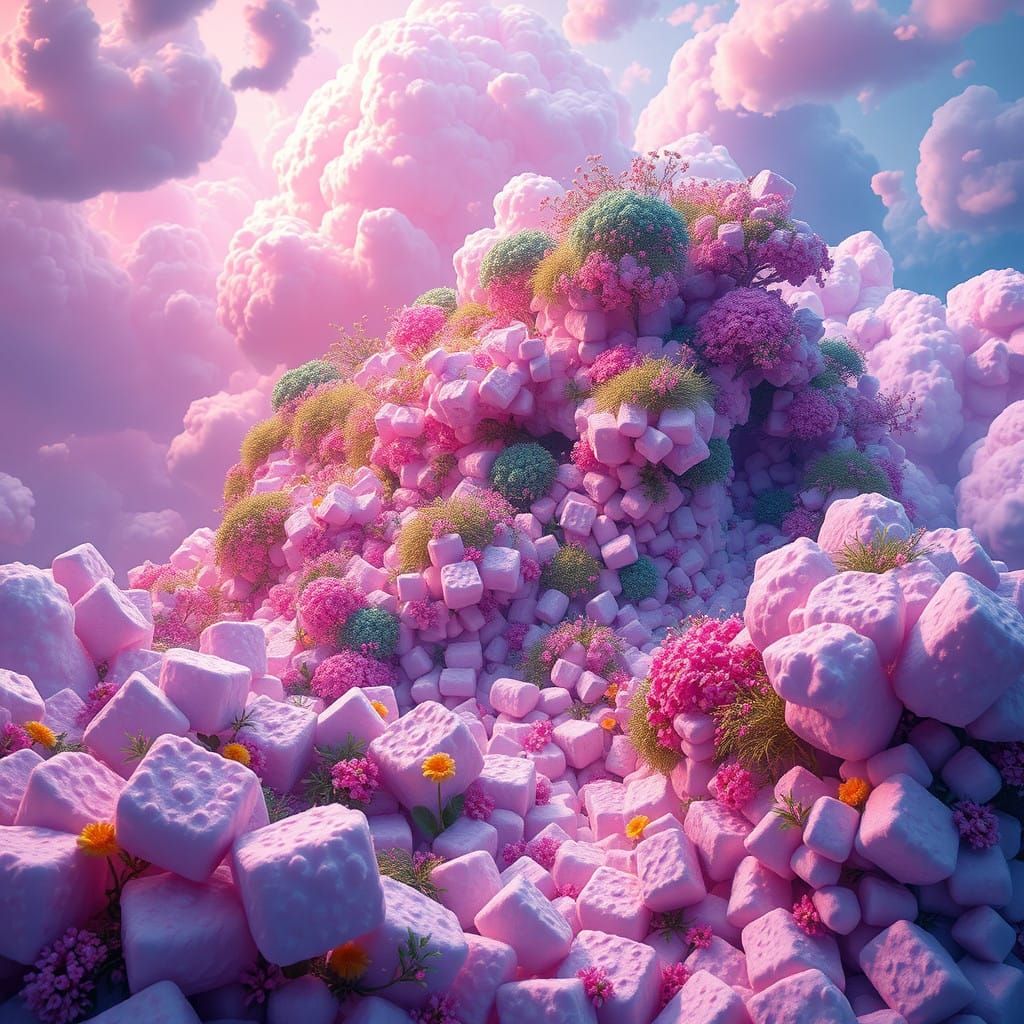 Whimsical Marshmallow Island in Vibrant Fantasy Style