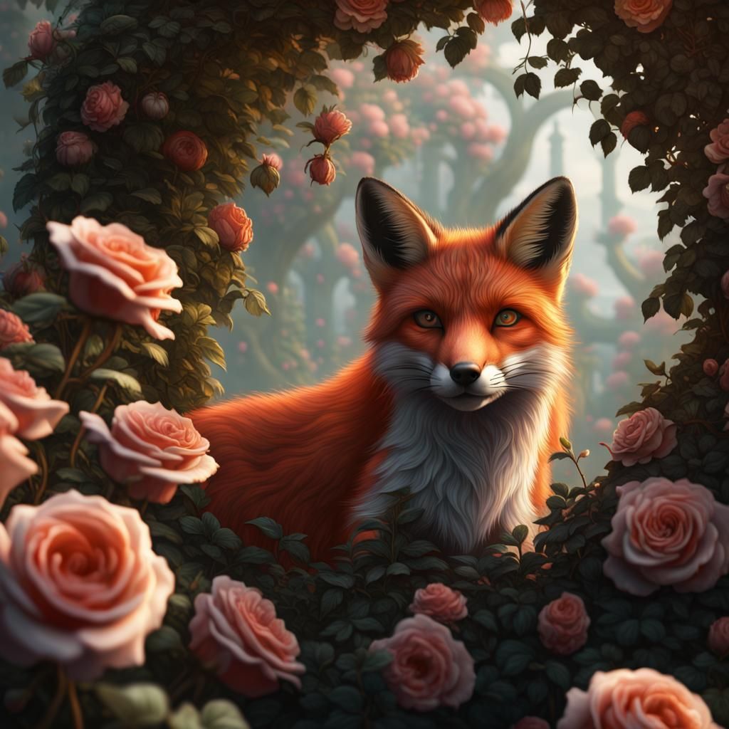 Fox in Rose Bush: Detailed Matte Painting