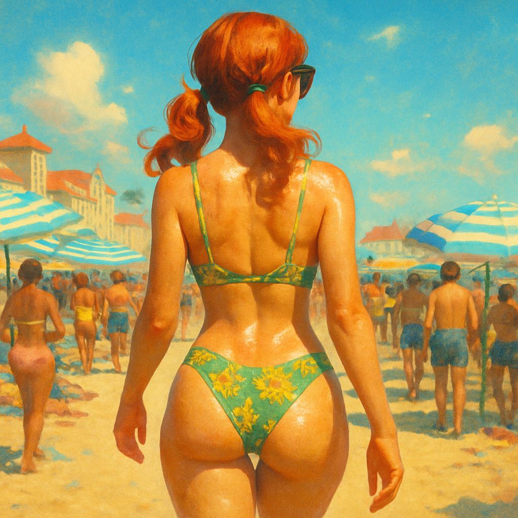 Woman in Bikini on Crowded Beach, Flux Aesthetic