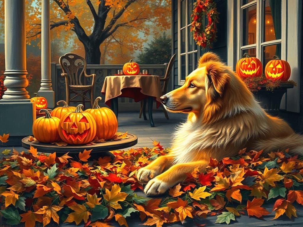 Golden Collie With Jack-o'-lanterns In Autumn Leaves