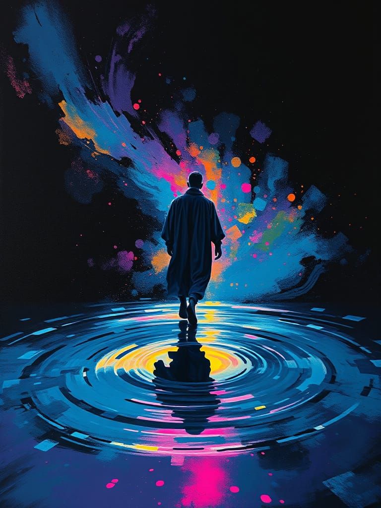 Surrealist Figure Unfolds in Swirling Dreamscape