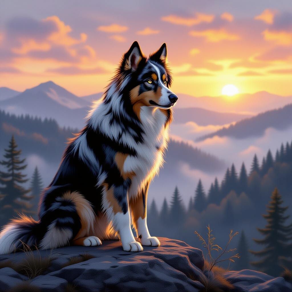 Wolf-Shepherd Hybrid at Dawn in Misty Forest