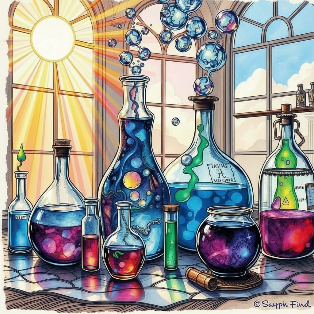 A surrealistic potion lab made of  flowing liquids in glass ...
