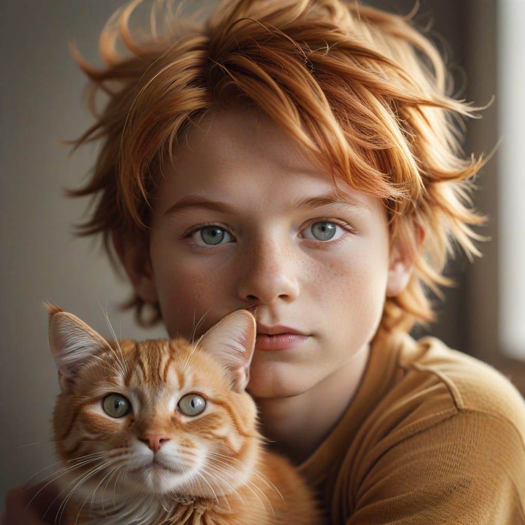 Warm Whimsical Portrait of Ginger Toddler Boy and Cat in Sof...