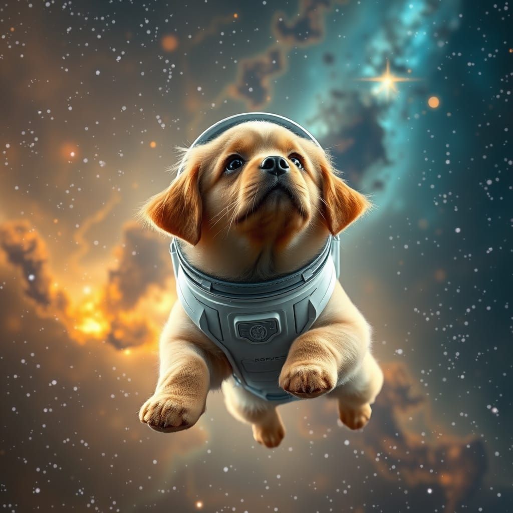 Golden Retriever Puppy Astronaut Gazing at Nebula