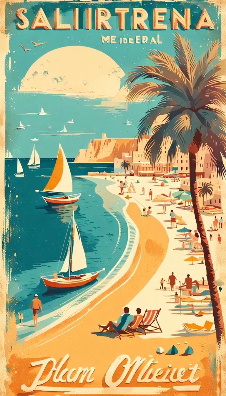 Vintage Travel Poster of Mediterranean Beach Scene
