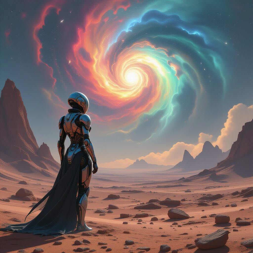 Cyborg Woman on Alien Planet Gazing at Nebula
