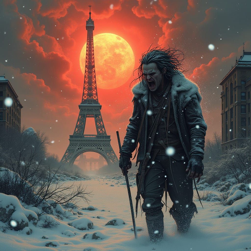 Mutant Figure in Apocalyptic Paris at Black Sun Eclipse