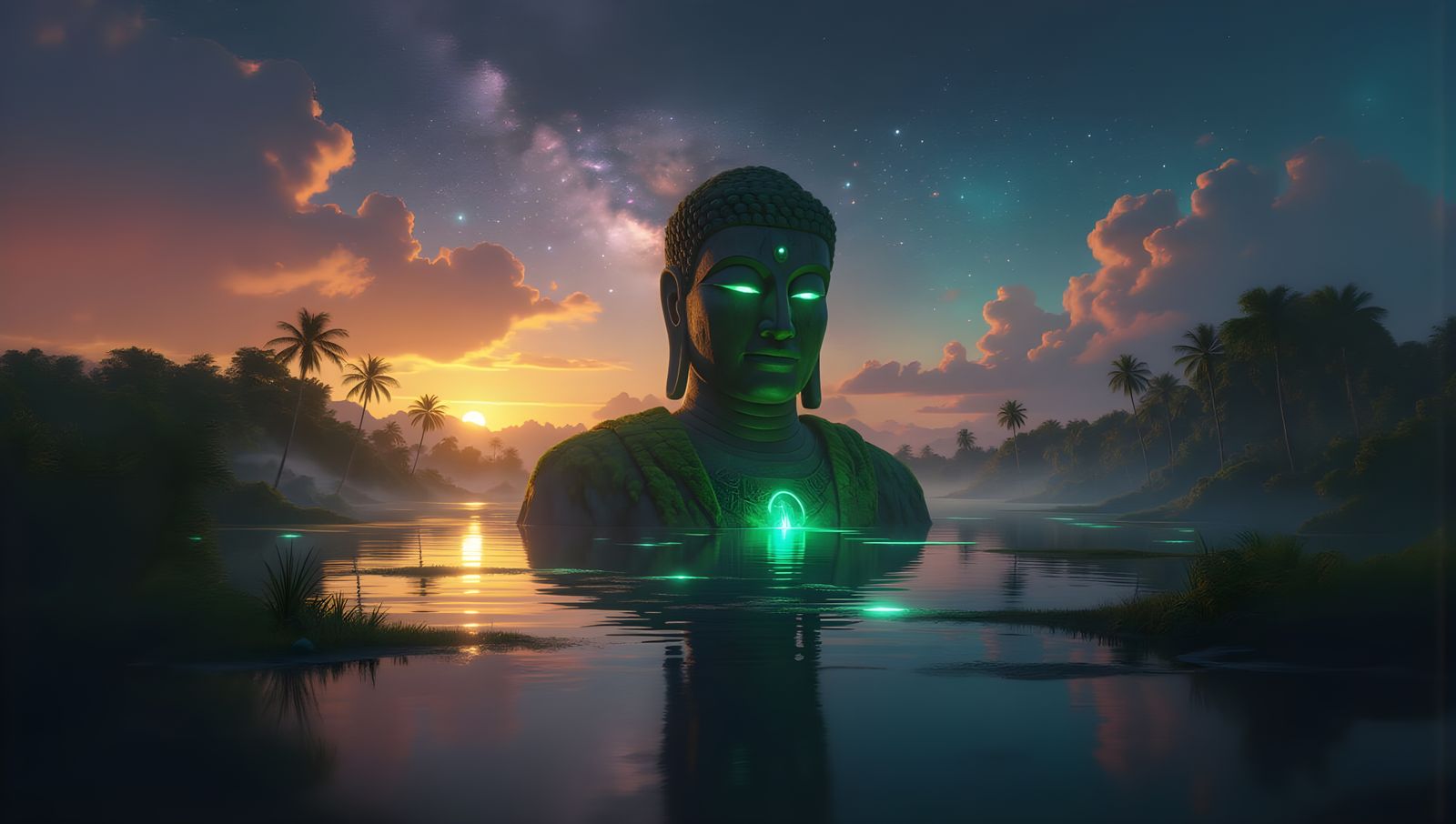 Giant Alien Statue in Bioluminescent Swamp