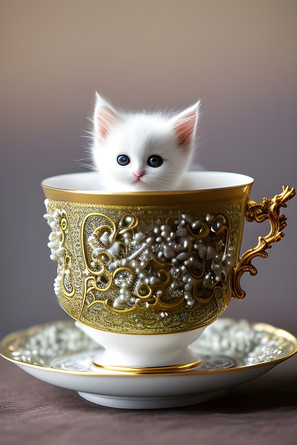 Fluffy Kitten in Teacup, Hyperdetailed Pearlescent Artwork