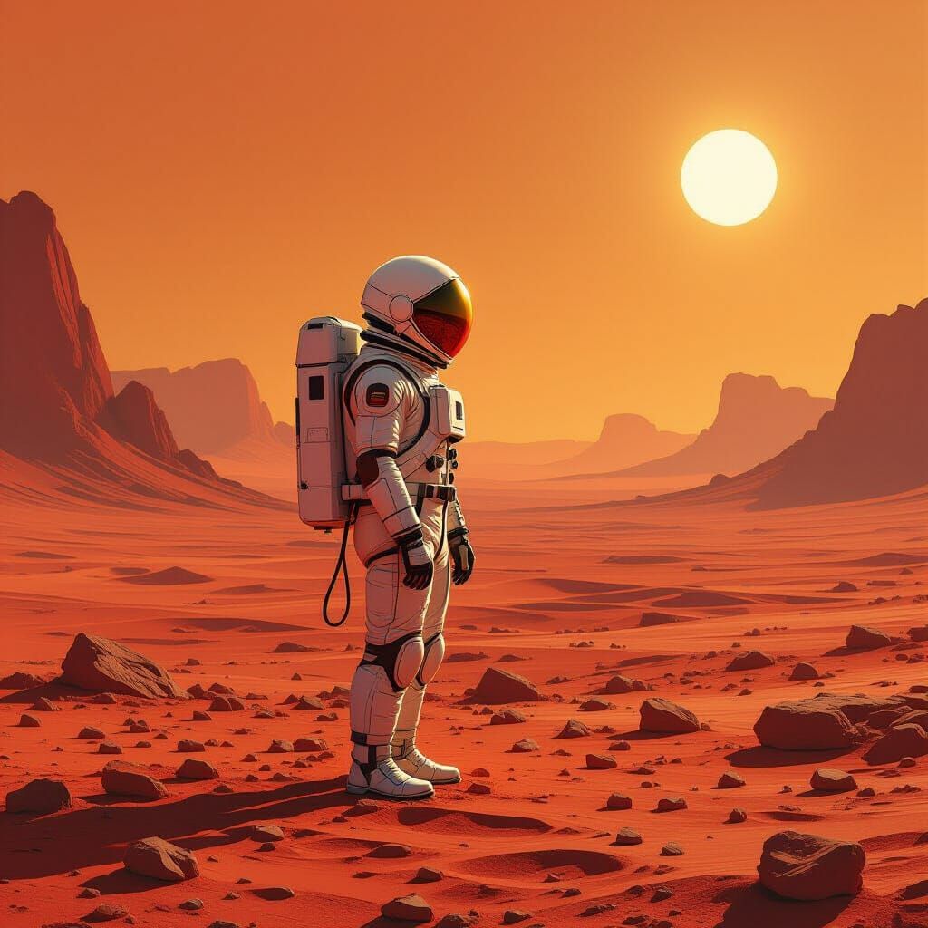 Astronaut on Crimson Horizon in Futuristic Style
