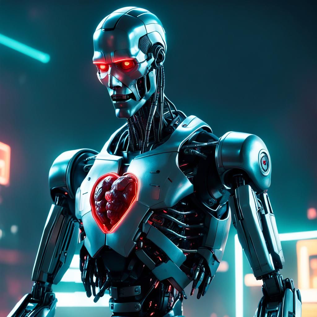 Cyberpunk Robot Cries Holding Human Heart