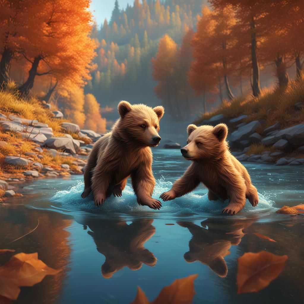 Baby Bears Playing in Autumn River, Hyperdetailed Art