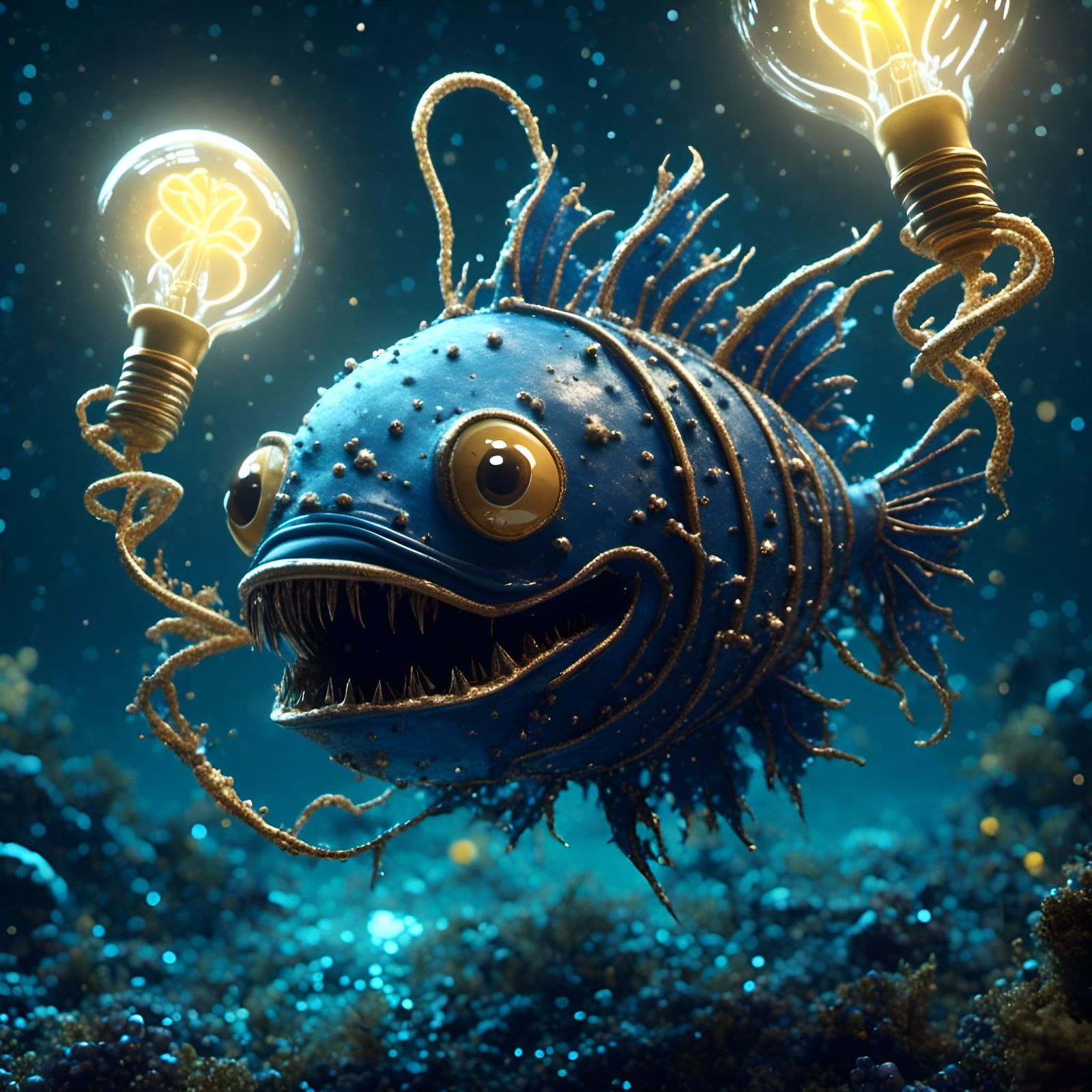 Angler Fish in Lightbulb Outfit: Cinematic Visual