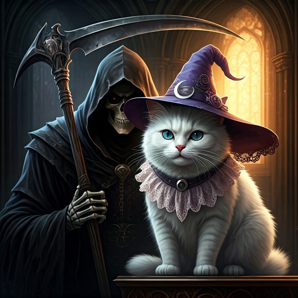 White cat with grim reaper