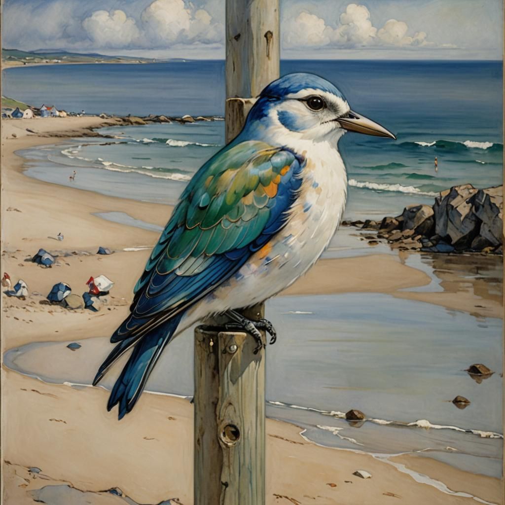 Bird on Beach in Decorative Modernist Style