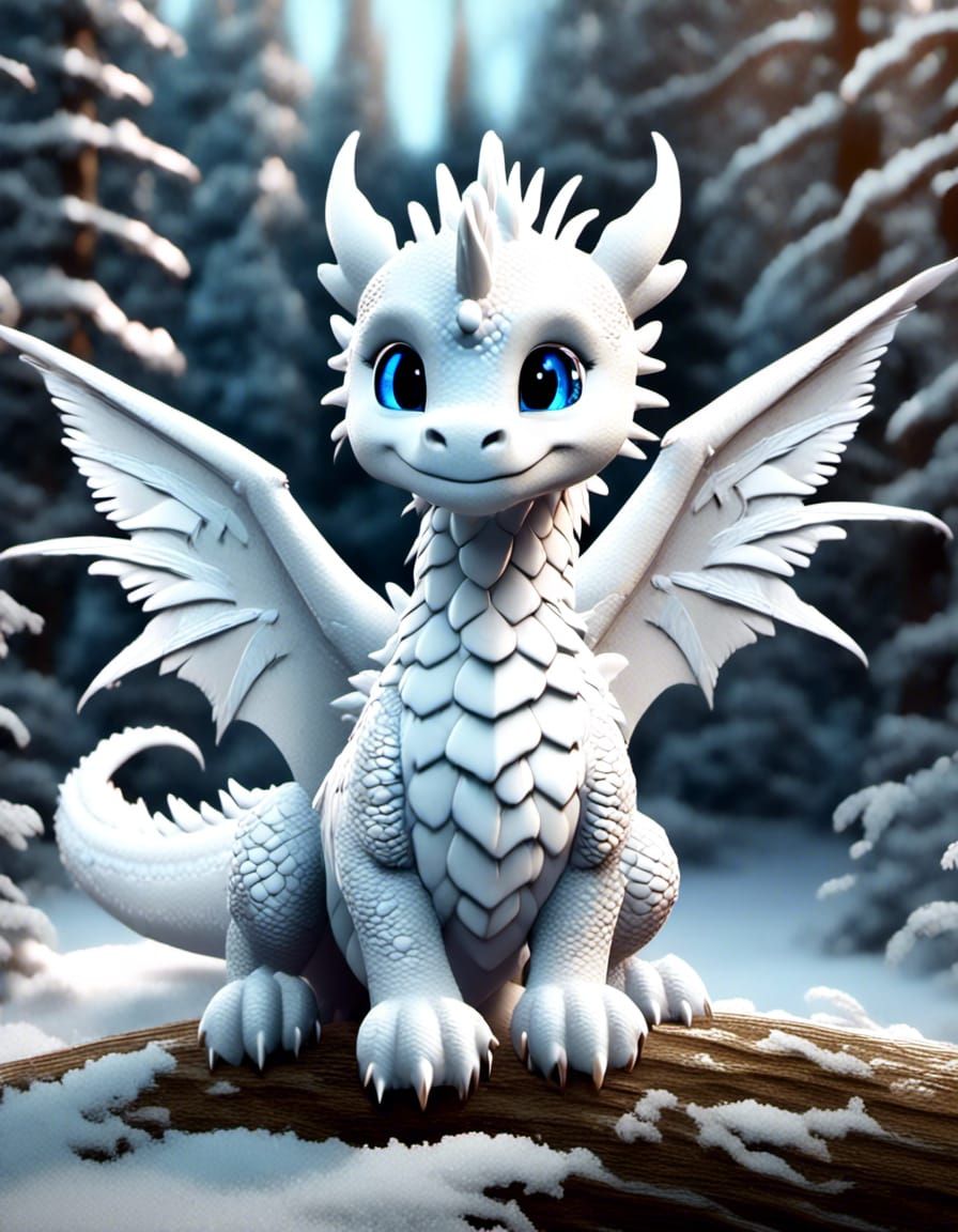 Adorable Fluffy Snow Dragon with Feathered Wings