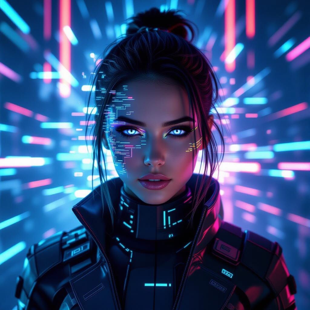 Woman Emerging from Glitch Effect in Cyberpunk Style