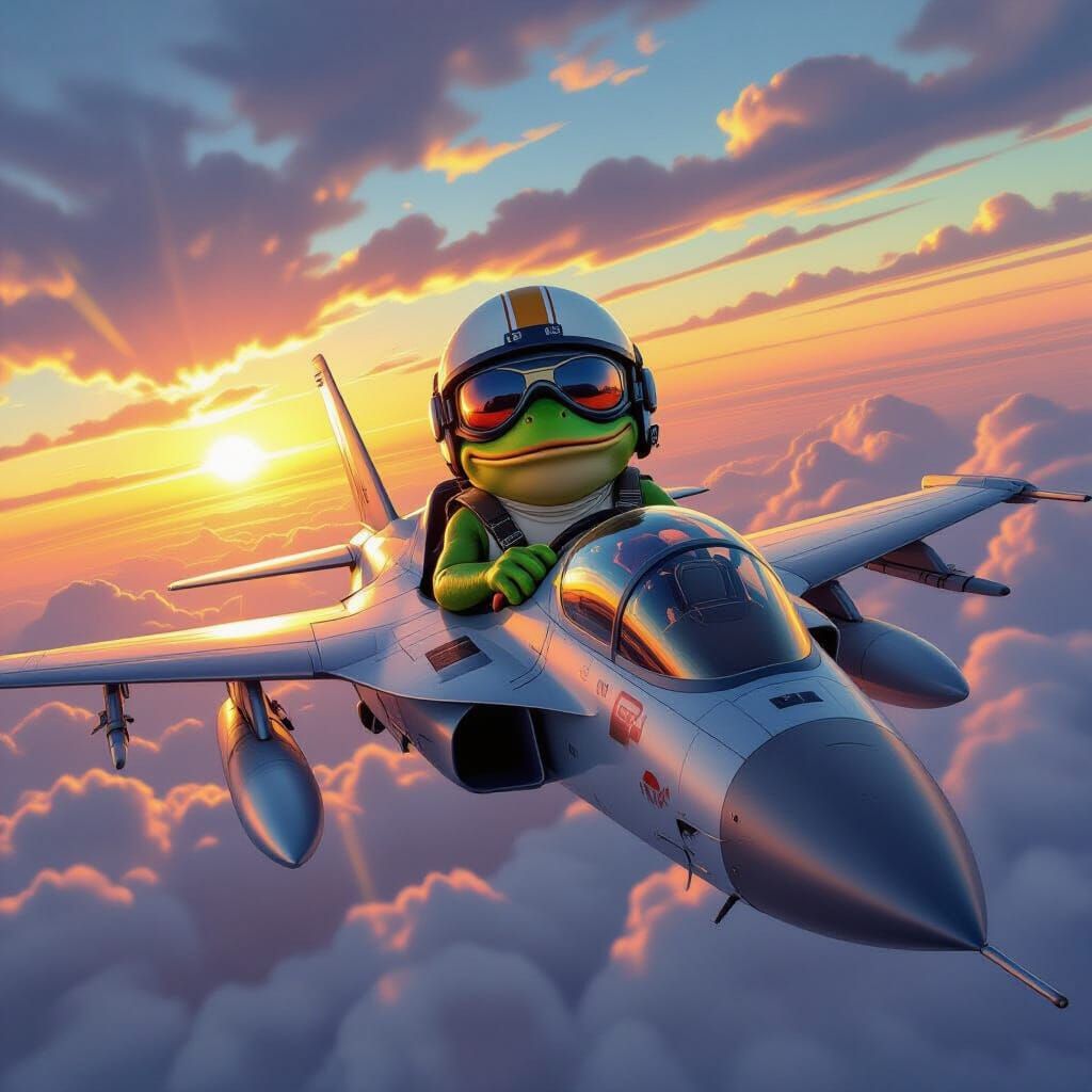 Pepe the Frog Pilots Fighter Jet at Sunset