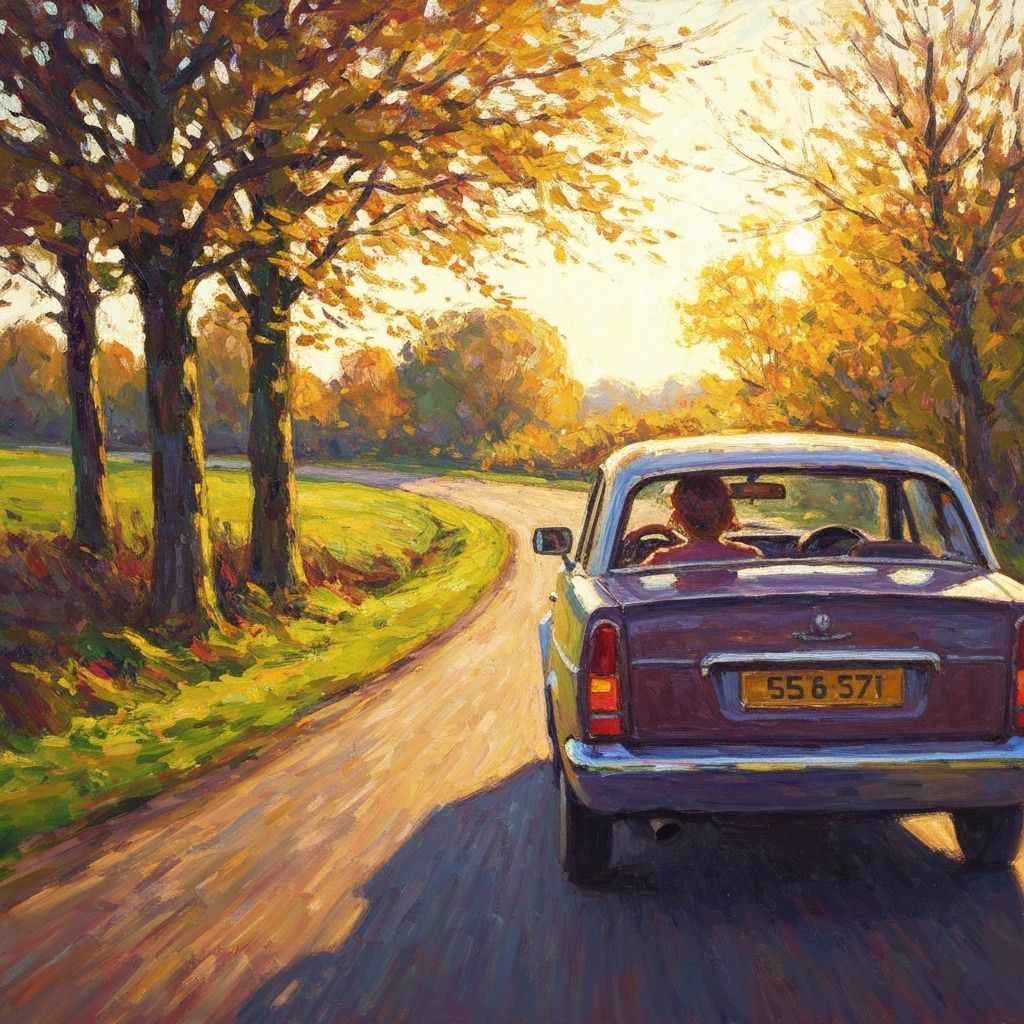 Woman Driving on Sunlit Country Road in Impressionistic Styl...