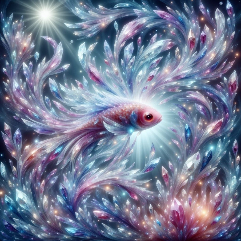 Crystal Fish Swimming in a Luminous Crystal Pond