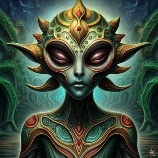 Mystical Alien in Detailed Solarpunk Oil Painting
