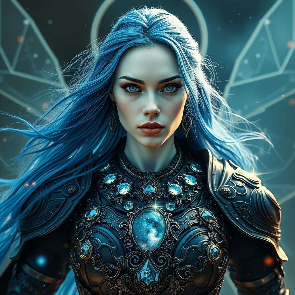 Psychedelic Woman Warrior with Cosmic Gemstone