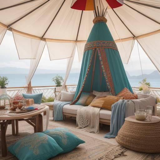 Boho Glamping Tent on Seashore in Shabby Chic Style