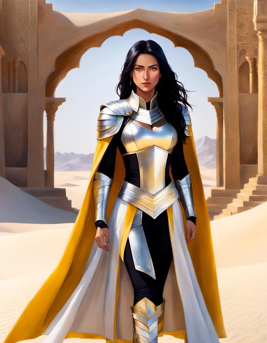 Desert Twilight: Armored Woman in Dark Fantasy Style